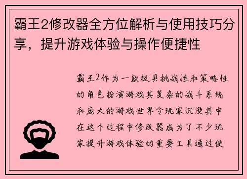 霸王2修改器全方位解析与使用技巧分享，提升游戏体验与操作便捷性